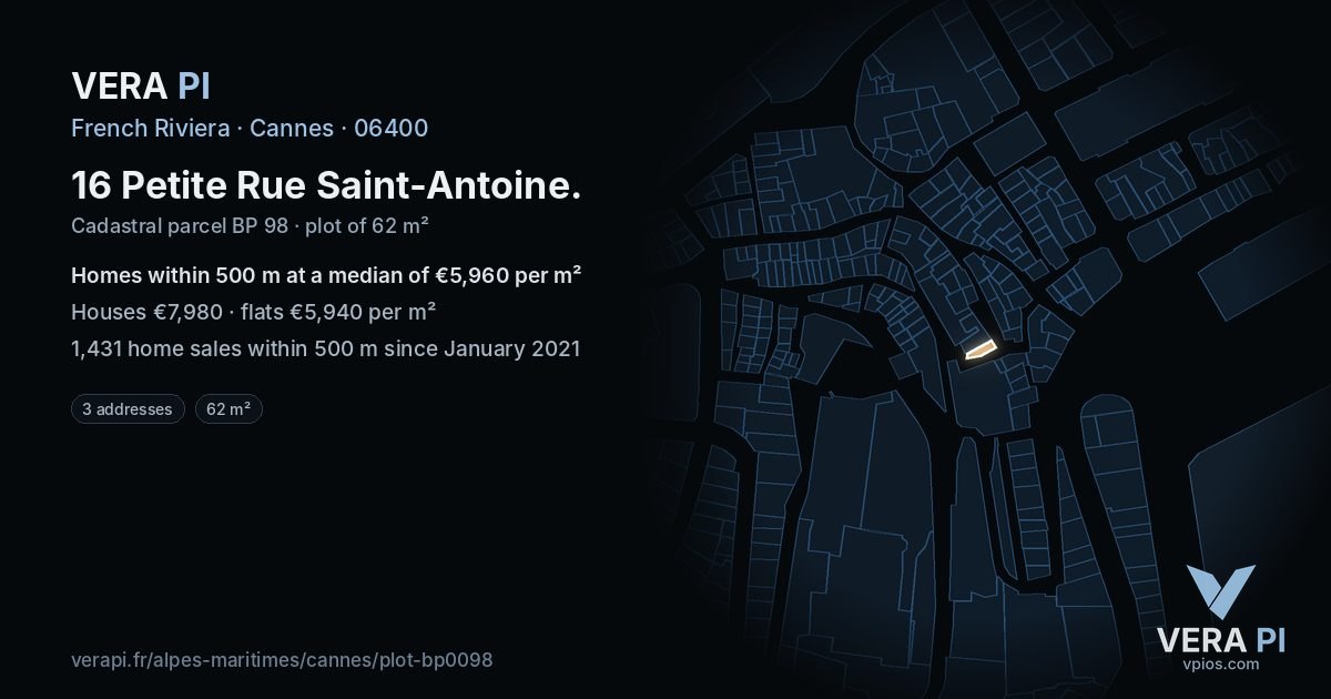 16 Petite Rue Saint-Antoine, Cannes at night – the plot lit, the parcels around coloured by the prices near them