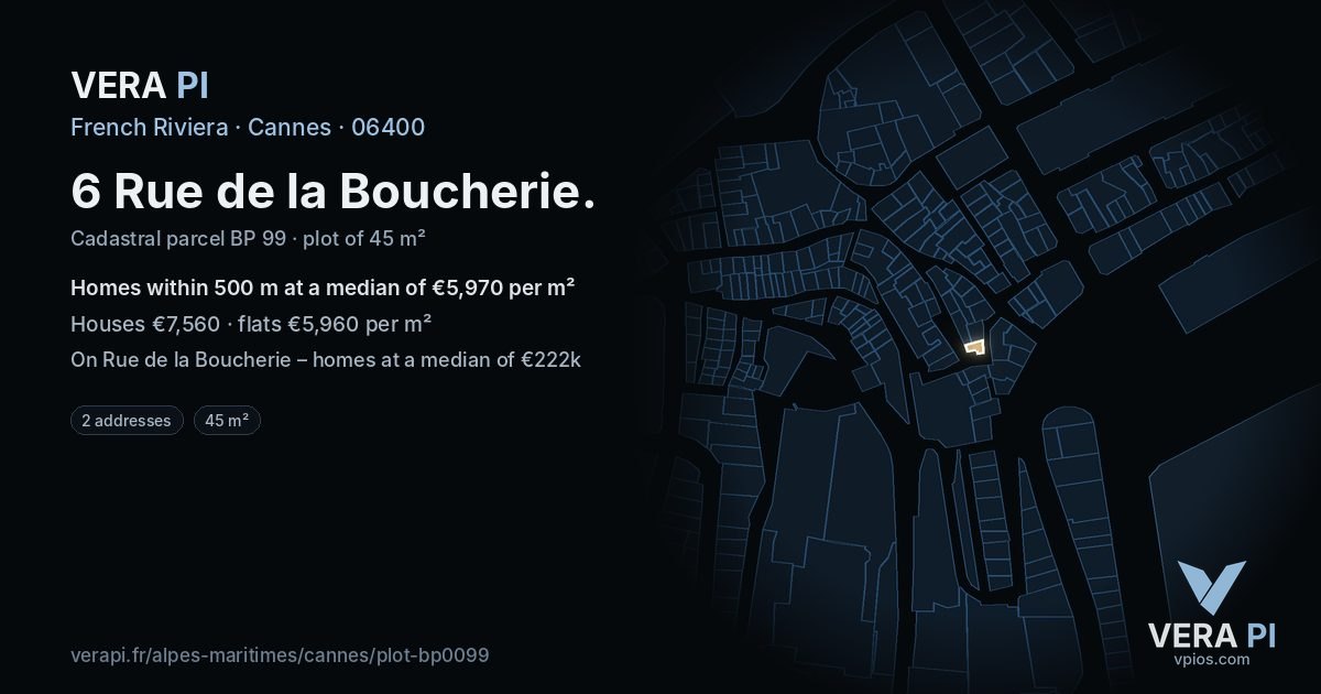6 Rue de la Boucherie, Cannes at night – the plot lit, the parcels around coloured by the prices near them