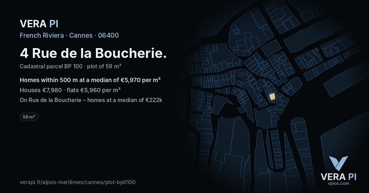 4 Rue de la Boucherie, Cannes at night – the plot lit, the parcels around coloured by the prices near them