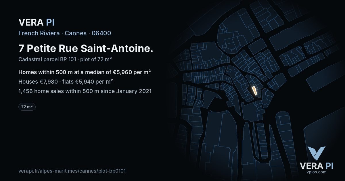 7 Petite Rue Saint-Antoine, Cannes at night – the plot lit, the parcels around coloured by the prices near them