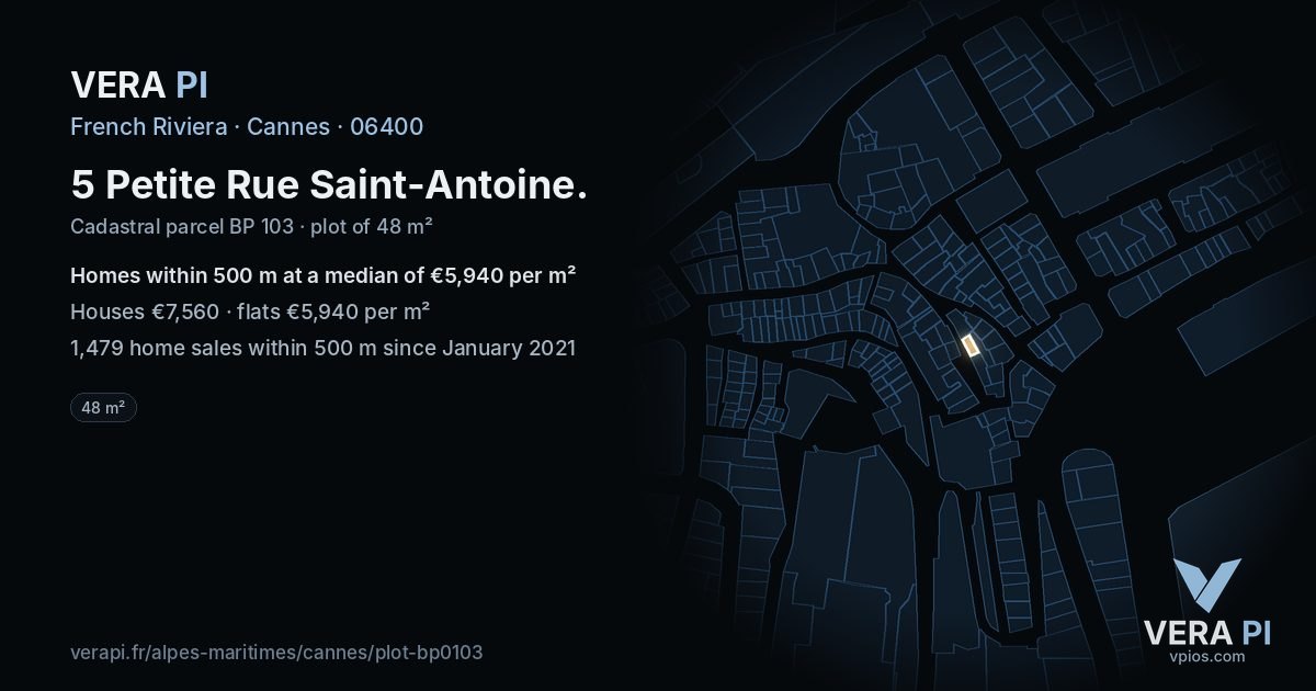 5 Petite Rue Saint-Antoine, Cannes at night – the plot lit, the parcels around coloured by the prices near them