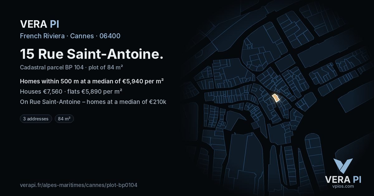 15 Rue Saint-Antoine, Cannes at night – the plot lit, the parcels around coloured by the prices near them