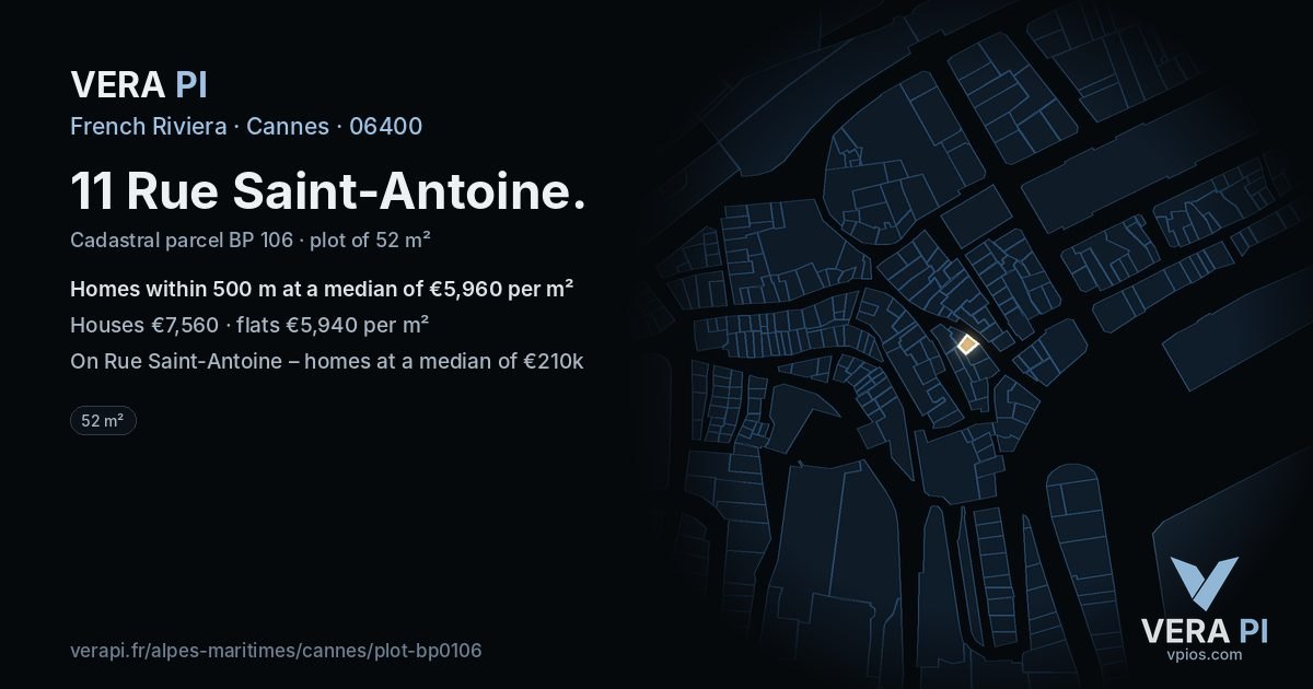 11 Rue Saint-Antoine, Cannes at night – the plot lit, the parcels around coloured by the prices near them