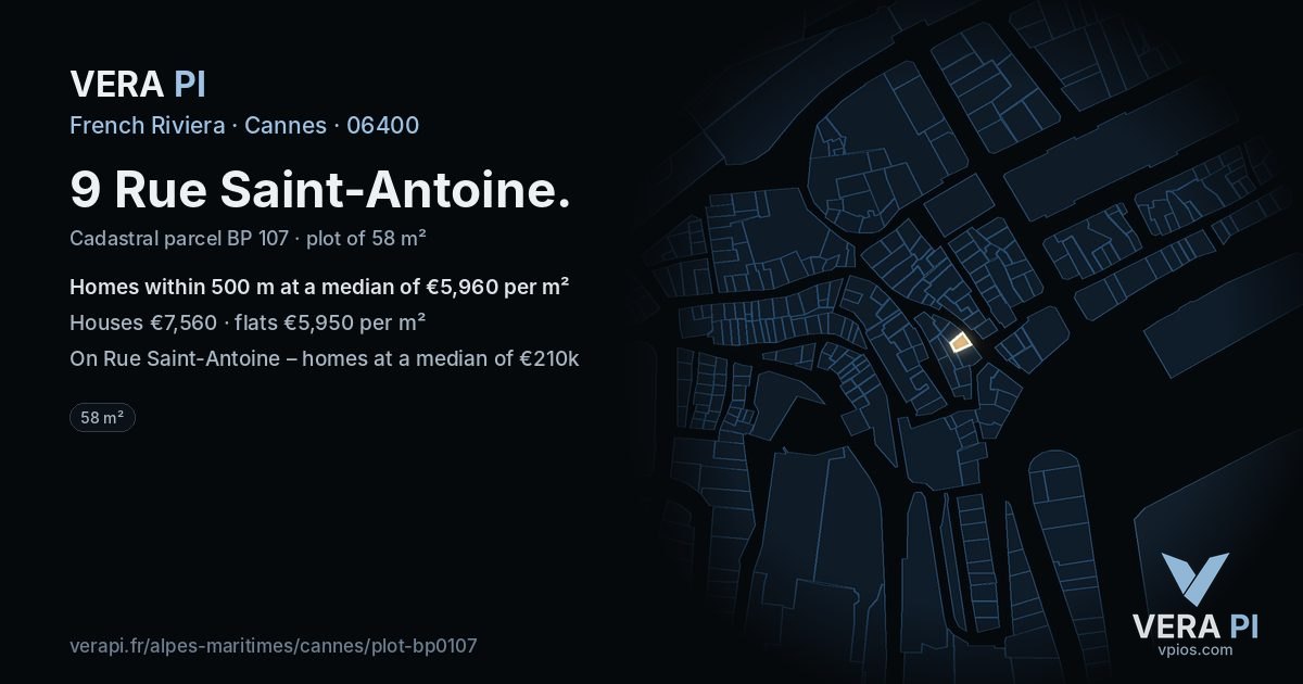 9 Rue Saint-Antoine, Cannes at night – the plot lit, the parcels around coloured by the prices near them