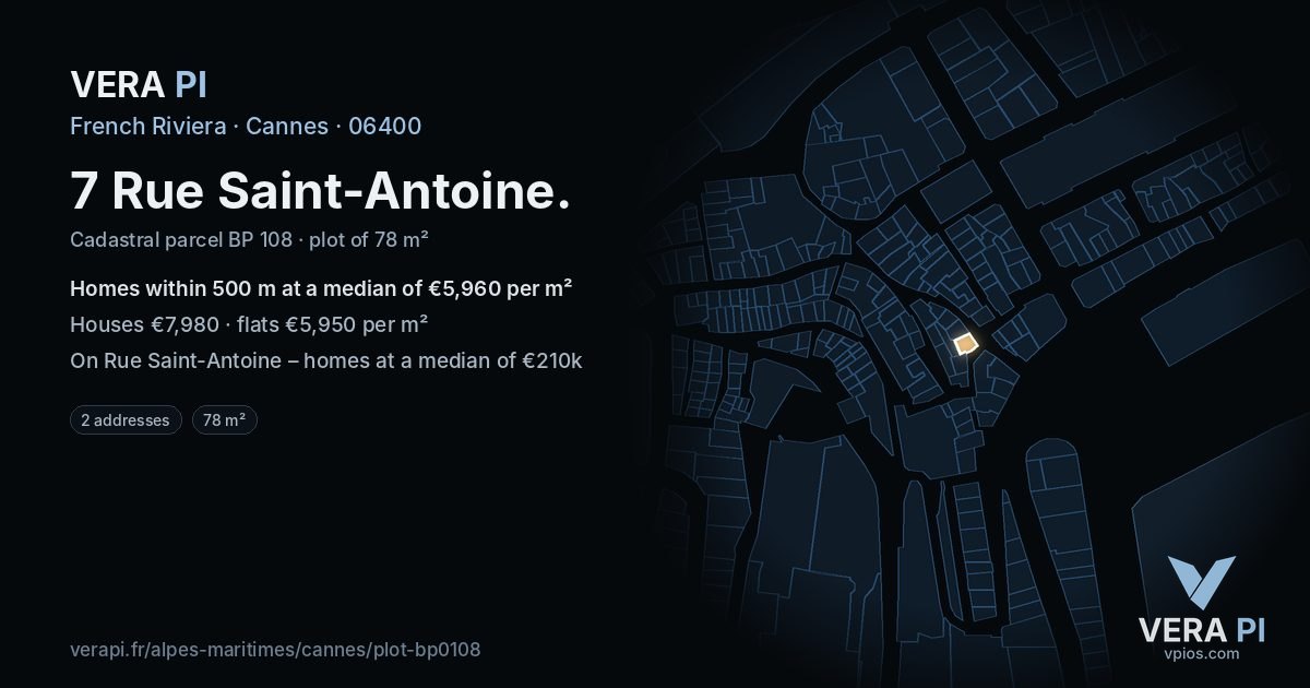 7 Rue Saint-Antoine, Cannes at night – the plot lit, the parcels around coloured by the prices near them