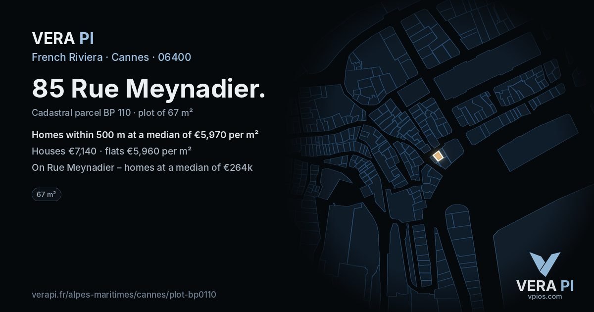 85 Rue Meynadier, Cannes at night – the plot lit, the parcels around coloured by the prices near them