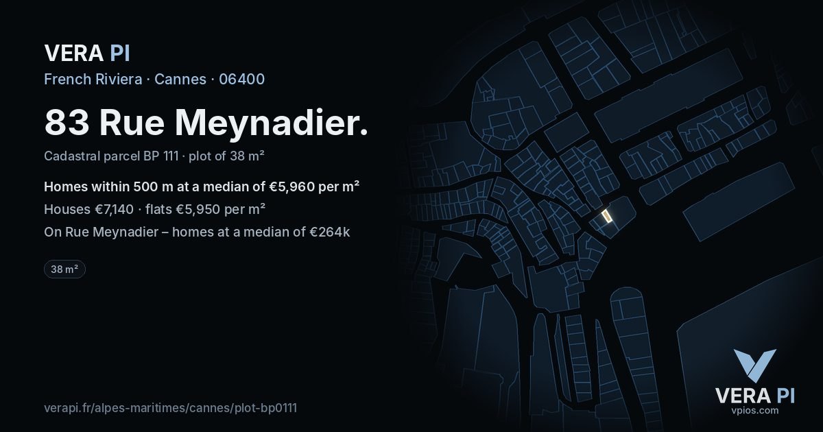 83 Rue Meynadier, Cannes at night – the plot lit, the parcels around coloured by the prices near them