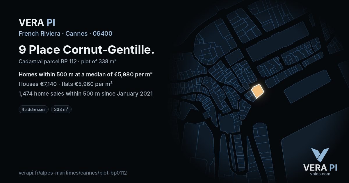9 Place Cornut-Gentille, Cannes at night – the plot lit, the parcels around coloured by the prices near them