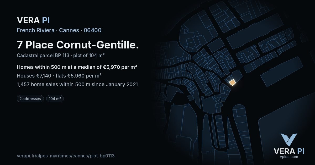 7 Place Cornut-Gentille, Cannes at night – the plot lit, the parcels around coloured by the prices near them