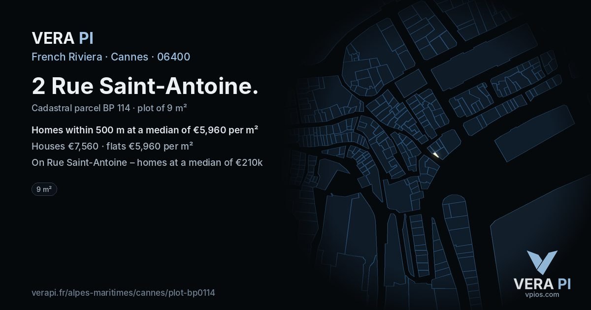 2 Rue Saint-Antoine, Cannes at night – the plot lit, the parcels around coloured by the prices near them