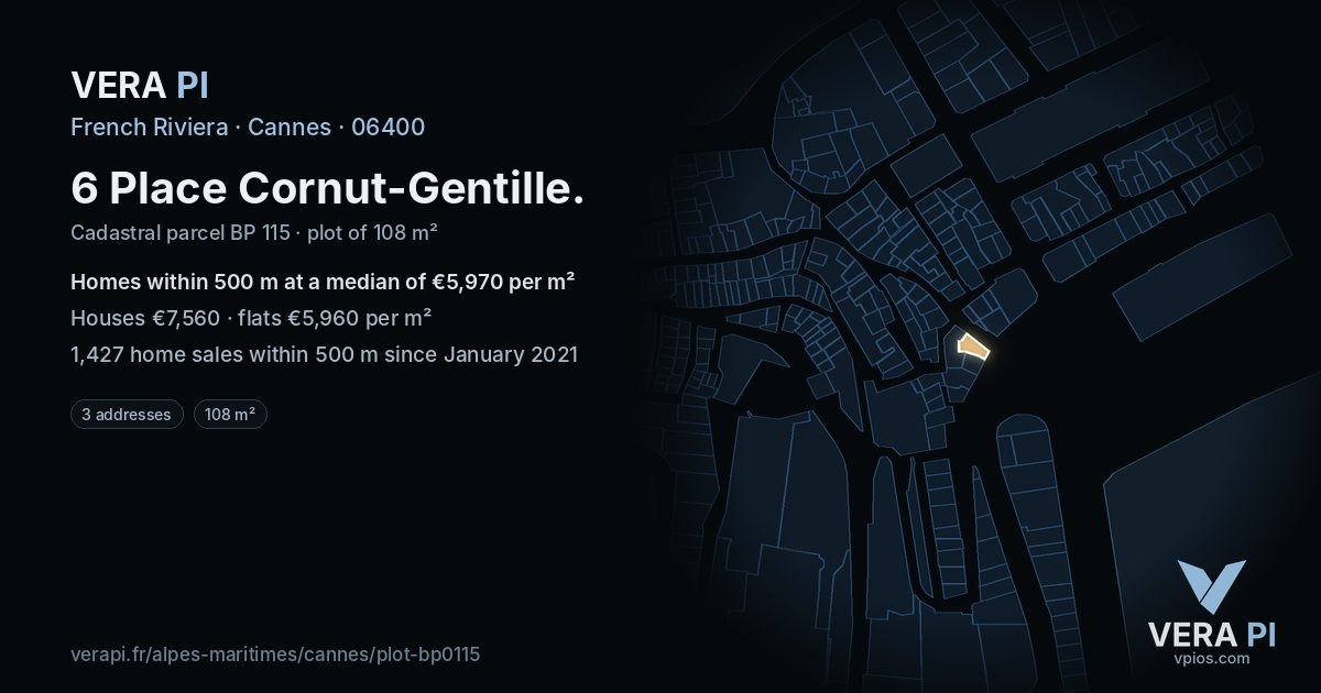 6 Place Cornut-Gentille, Cannes at night – the plot lit, the parcels around coloured by the prices near them
