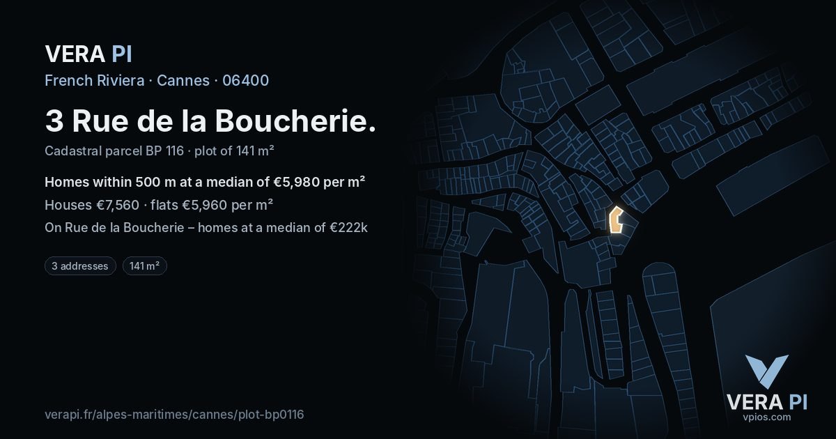 3 Rue de la Boucherie, Cannes at night – the plot lit, the parcels around coloured by the prices near them