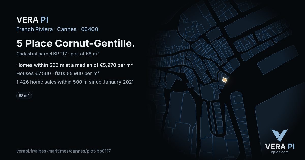 5 Place Cornut-Gentille, Cannes at night – the plot lit, the parcels around coloured by the prices near them