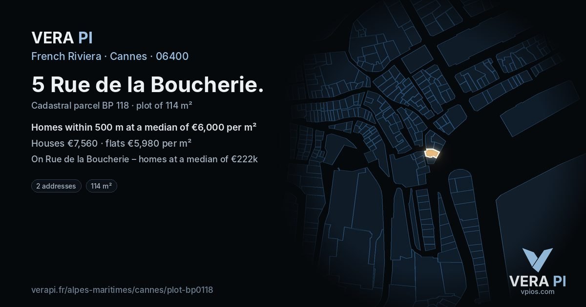 5 Rue de la Boucherie, Cannes at night – the plot lit, the parcels around coloured by the prices near them