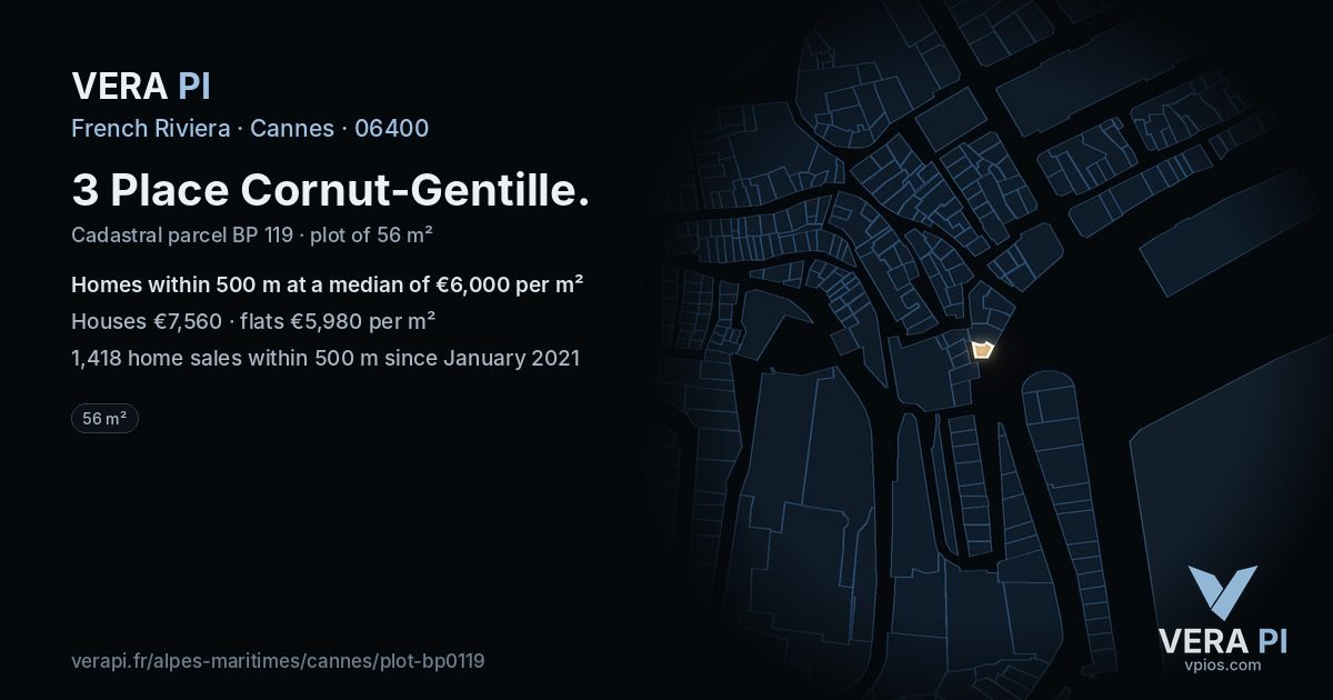 3 Place Cornut-Gentille, Cannes at night – the plot lit, the parcels around coloured by the prices near them