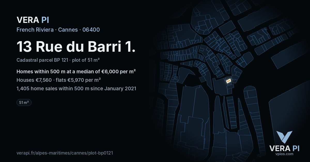 13 Rue du Barri 1, Cannes at night – the plot lit, the parcels around coloured by the prices near them