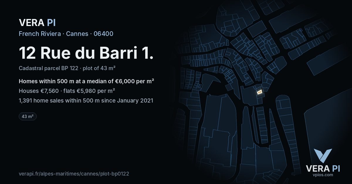 12 Rue du Barri 1, Cannes at night – the plot lit, the parcels around coloured by the prices near them