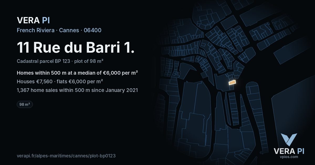 11 Rue du Barri 1, Cannes at night – the plot lit, the parcels around coloured by the prices near them