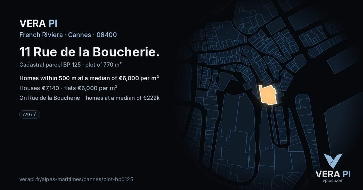 11 Rue de la Boucherie, Cannes at night – the plot lit, the parcels around coloured by the prices near them