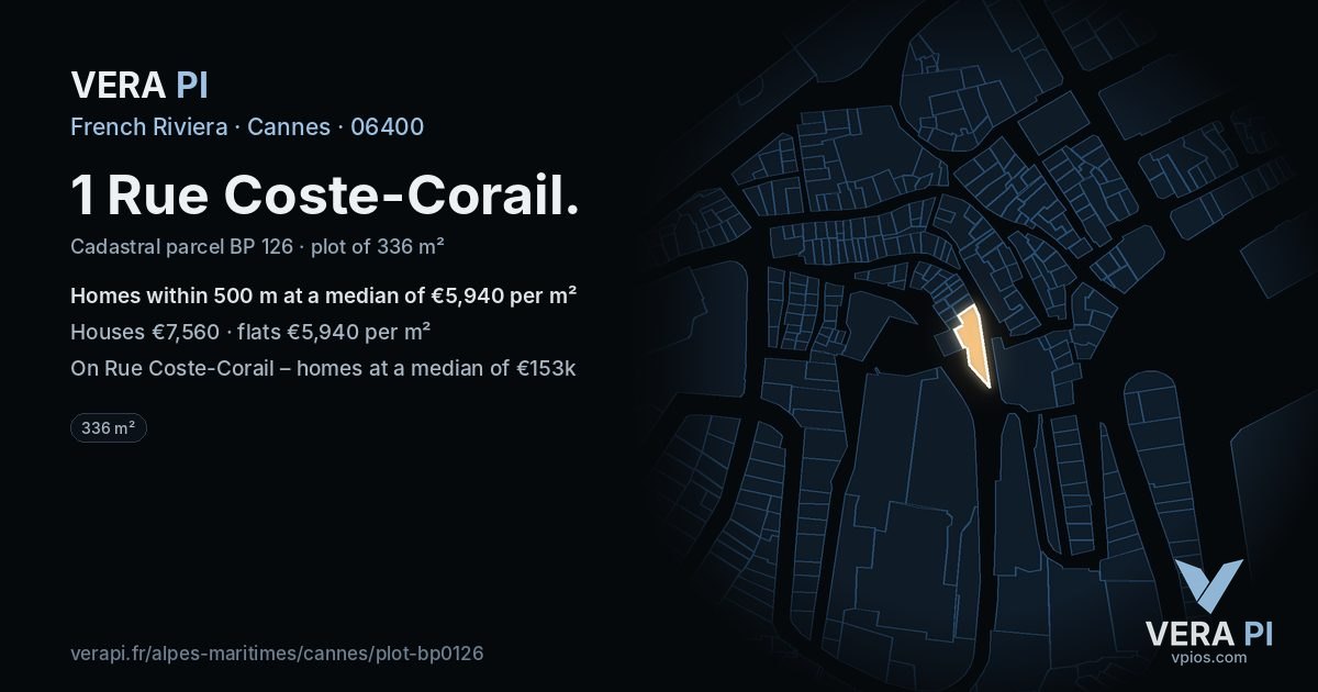 1 Rue Coste-Corail, Cannes at night – the plot lit, the parcels around coloured by the prices near them