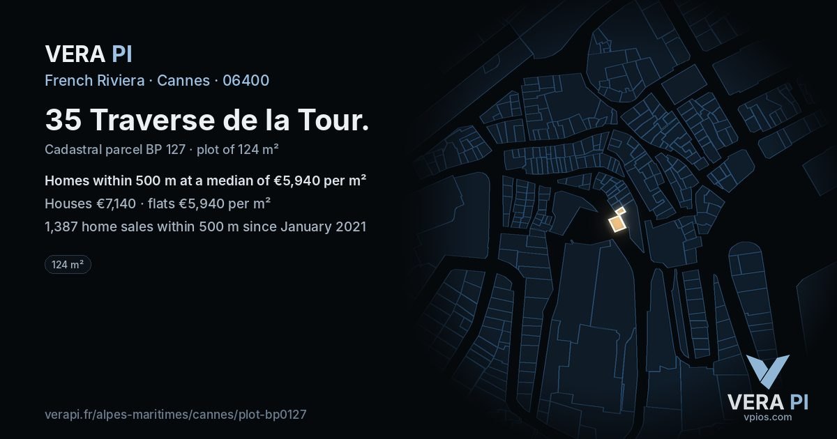 35 Traverse de la Tour, Cannes at night – the plot lit, the parcels around coloured by the prices near them