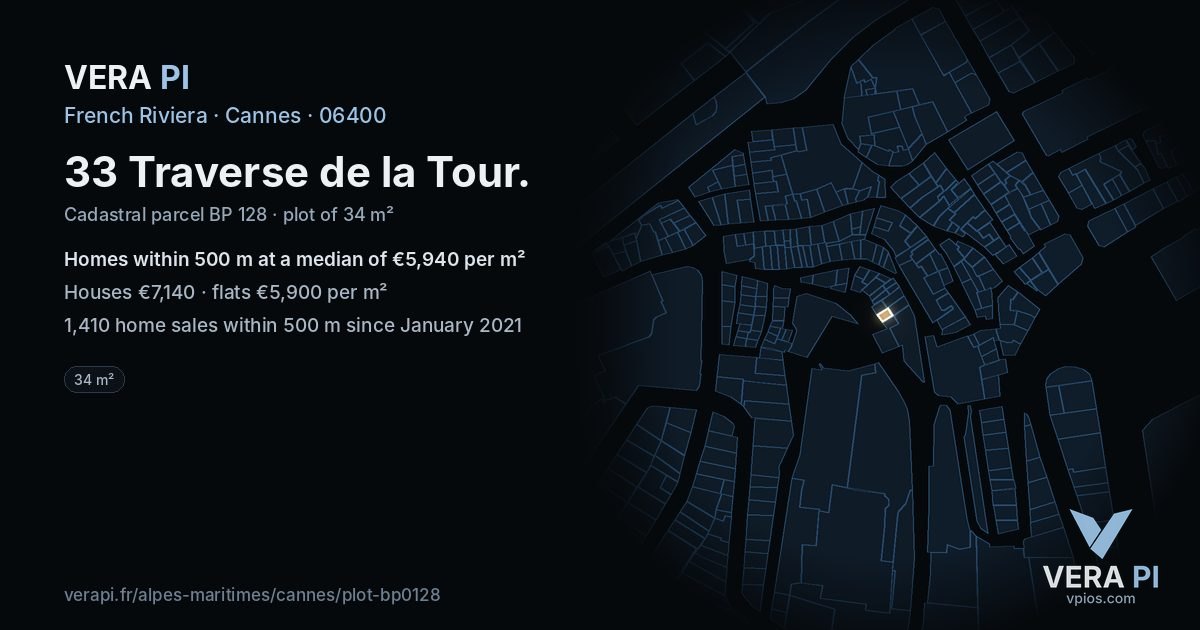 33 Traverse de la Tour, Cannes at night – the plot lit, the parcels around coloured by the prices near them