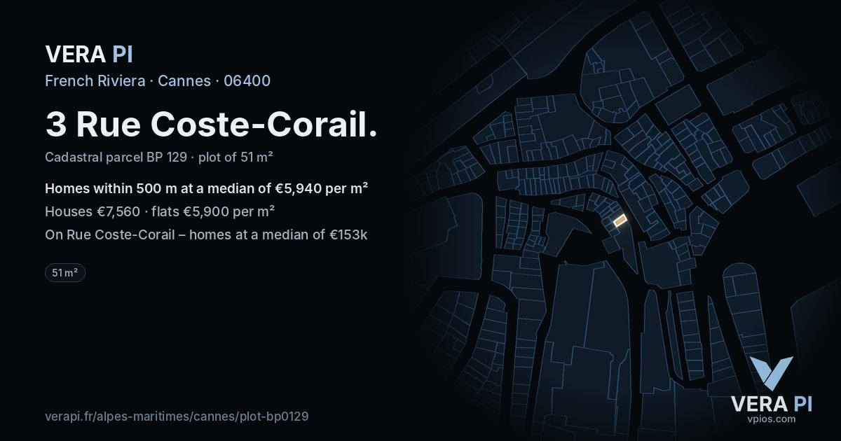 3 Rue Coste-Corail, Cannes at night – the plot lit, the parcels around coloured by the prices near them