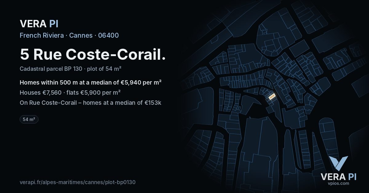 5 Rue Coste-Corail, Cannes at night – the plot lit, the parcels around coloured by the prices near them