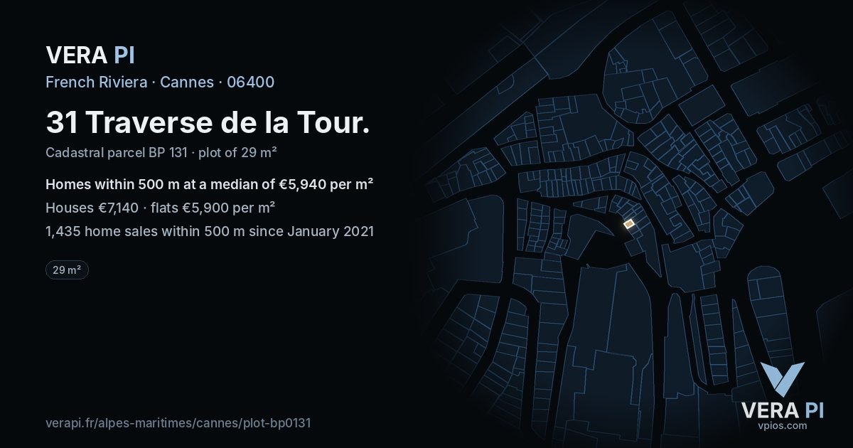31 Traverse de la Tour, Cannes at night – the plot lit, the parcels around coloured by the prices near them