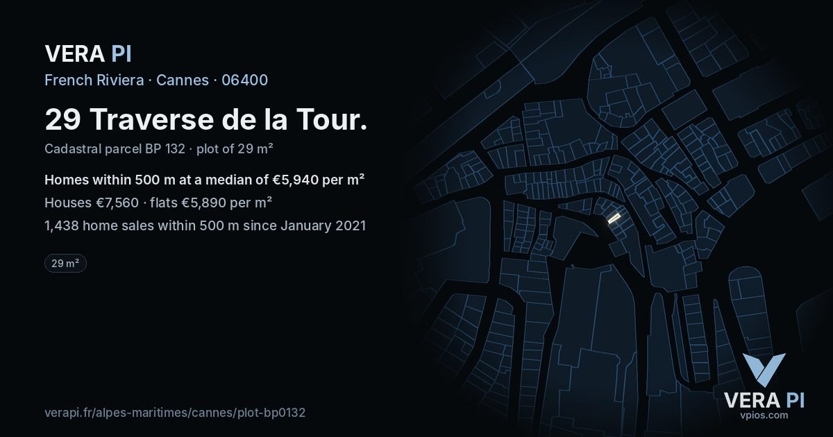 29 Traverse de la Tour, Cannes at night – the plot lit, the parcels around coloured by the prices near them