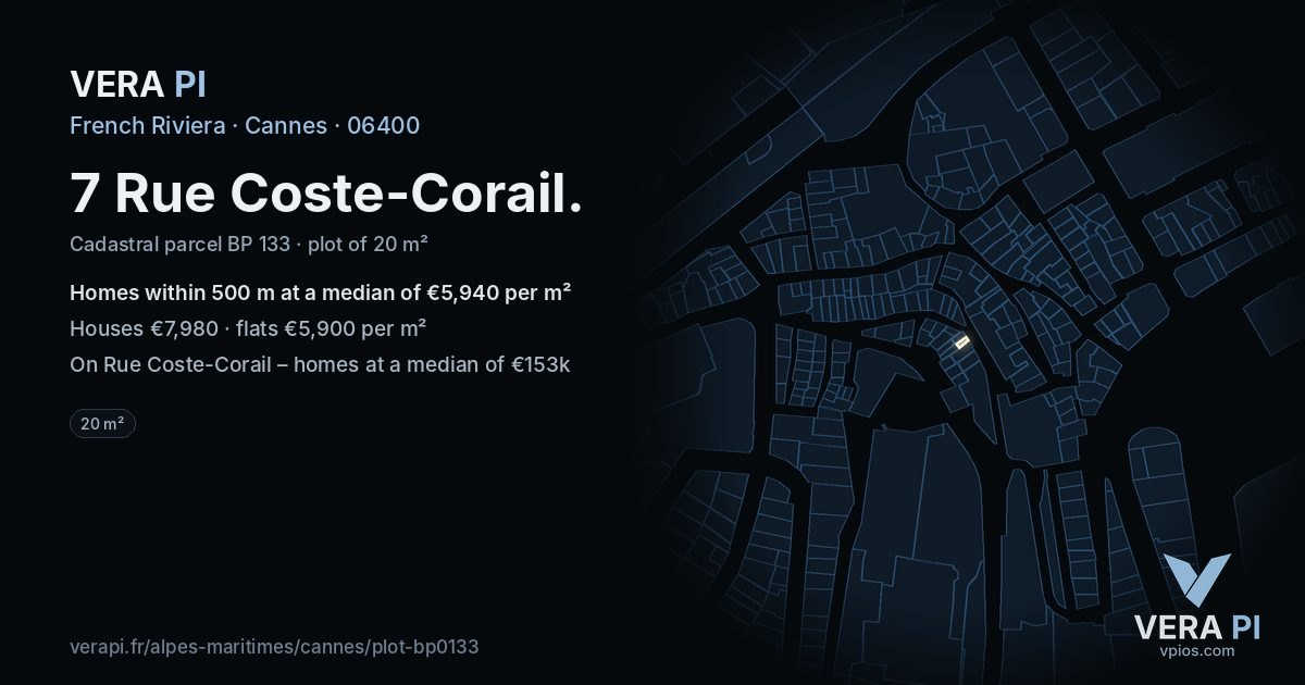 7 Rue Coste-Corail, Cannes at night – the plot lit, the parcels around coloured by the prices near them