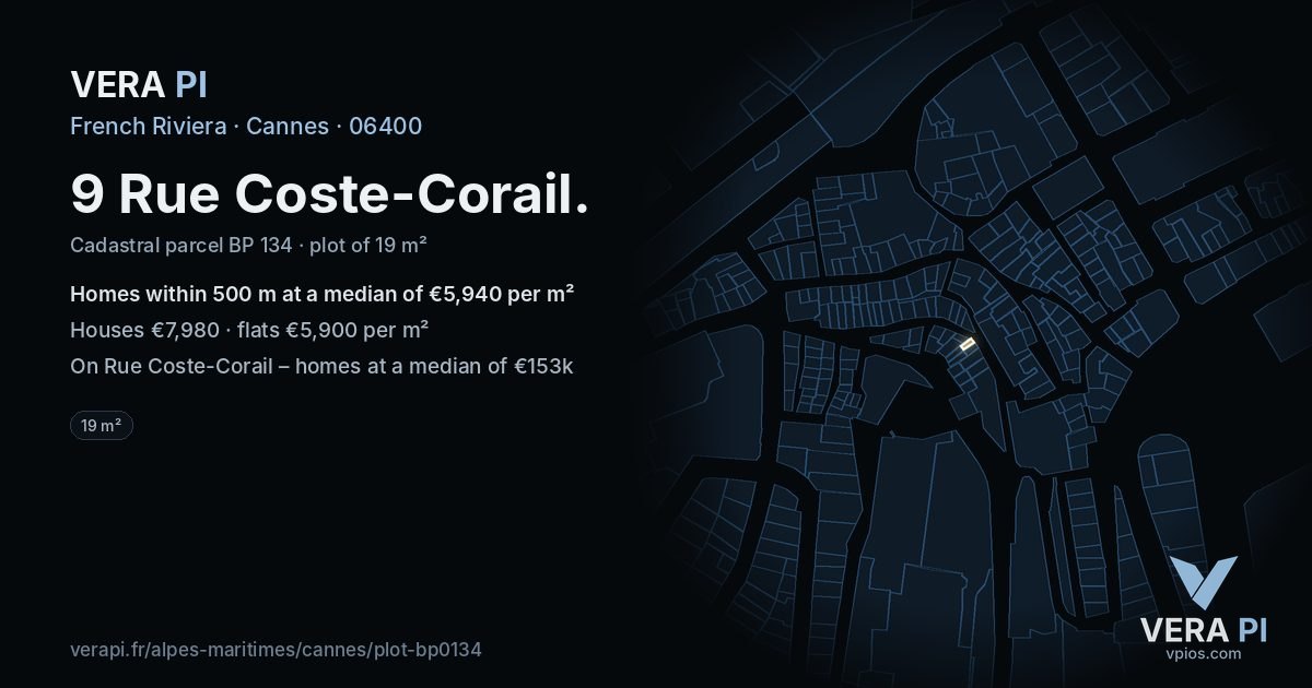 9 Rue Coste-Corail, Cannes at night – the plot lit, the parcels around coloured by the prices near them