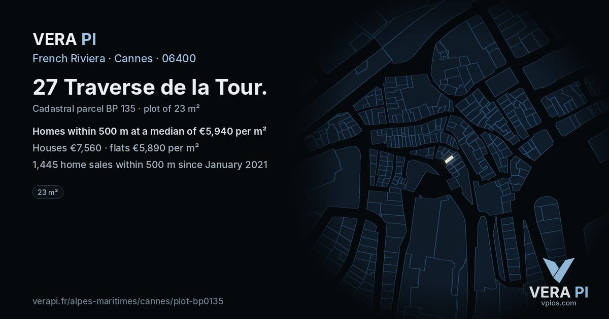 27 Traverse de la Tour, Cannes at night – the plot lit, the parcels around coloured by the prices near them