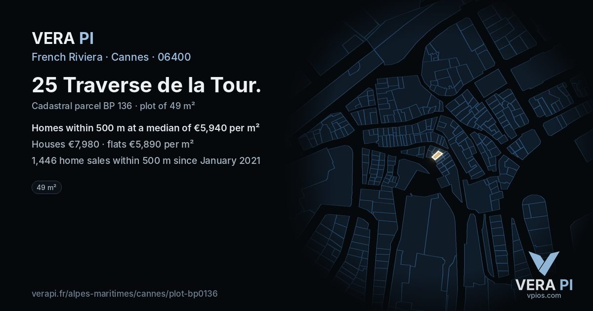 25 Traverse de la Tour, Cannes at night – the plot lit, the parcels around coloured by the prices near them
