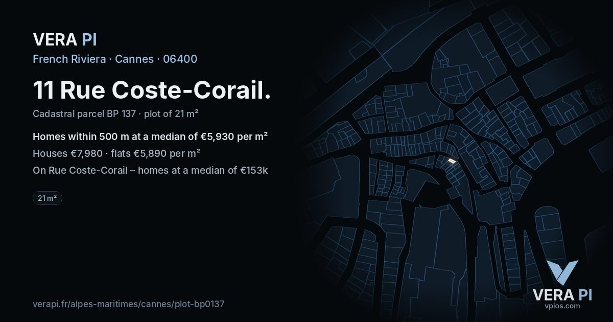 11 Rue Coste-Corail, Cannes at night – the plot lit, the parcels around coloured by the prices near them