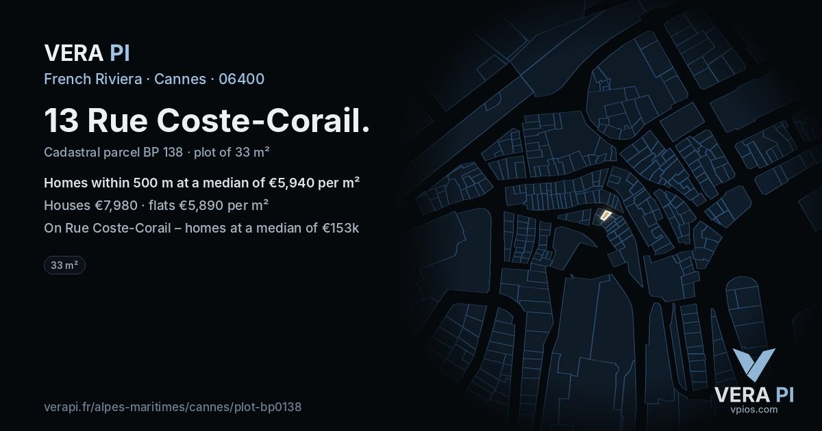 13 Rue Coste-Corail, Cannes at night – the plot lit, the parcels around coloured by the prices near them