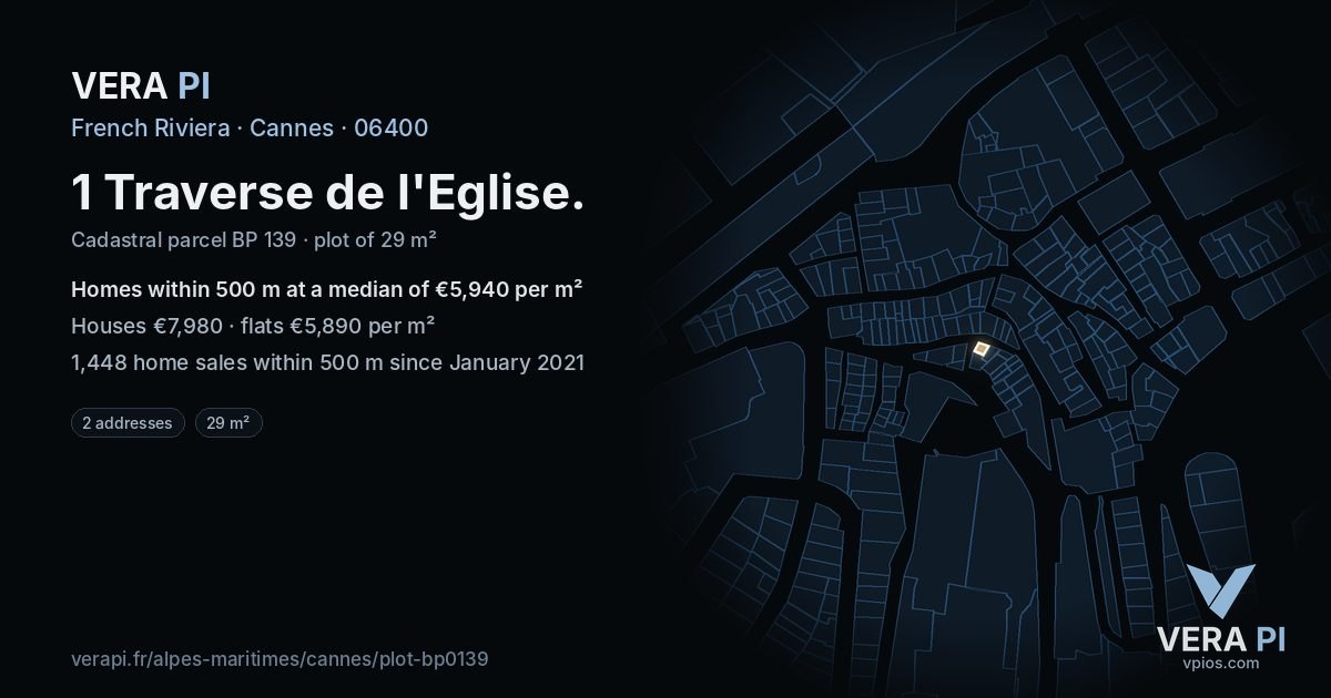 1 Traverse de l'Eglise, Cannes at night – the plot lit, the parcels around coloured by the prices near them
