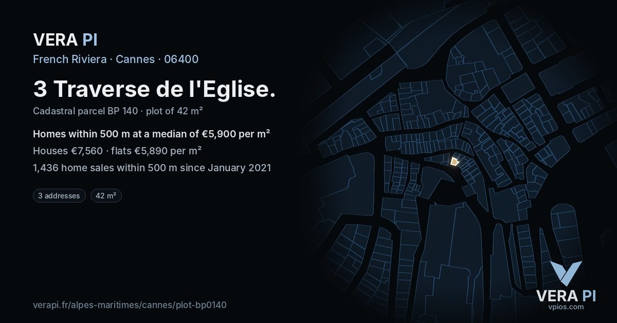 3 Traverse de l'Eglise, Cannes at night – the plot lit, the parcels around coloured by the prices near them