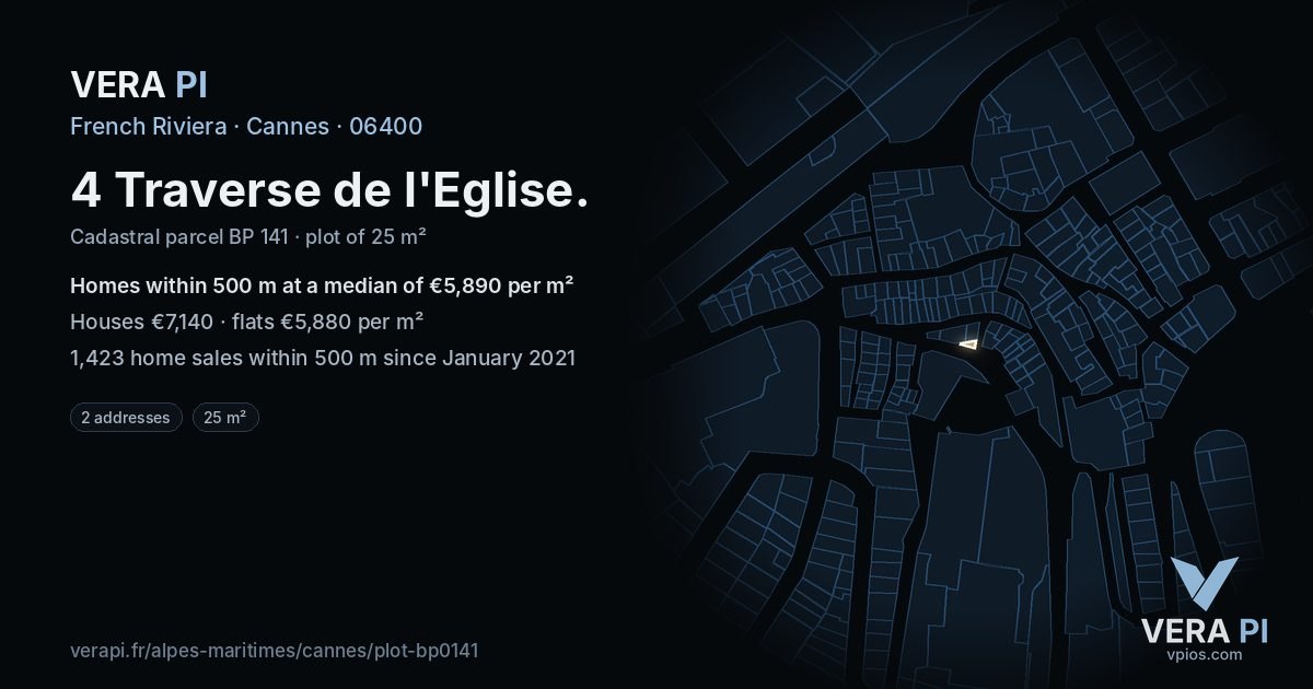 4 Traverse de l'Eglise, Cannes at night – the plot lit, the parcels around coloured by the prices near them