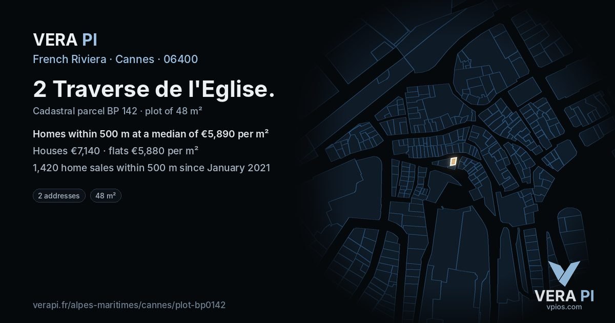 2 Traverse de l'Eglise, Cannes at night – the plot lit, the parcels around coloured by the prices near them
