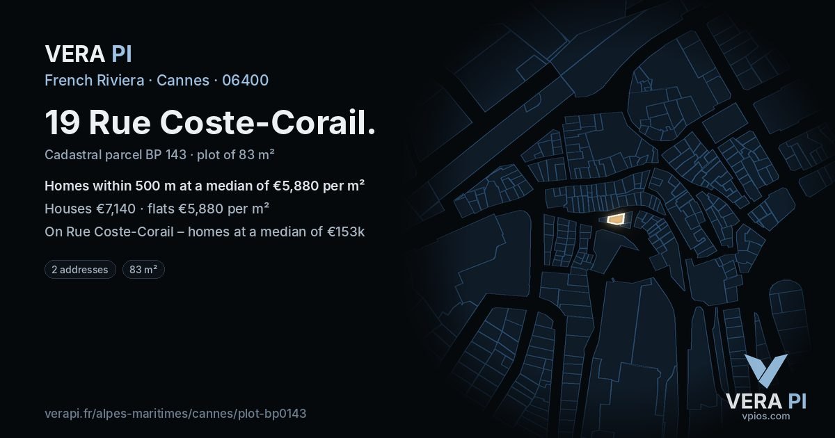 19 Rue Coste-Corail, Cannes at night – the plot lit, the parcels around coloured by the prices near them