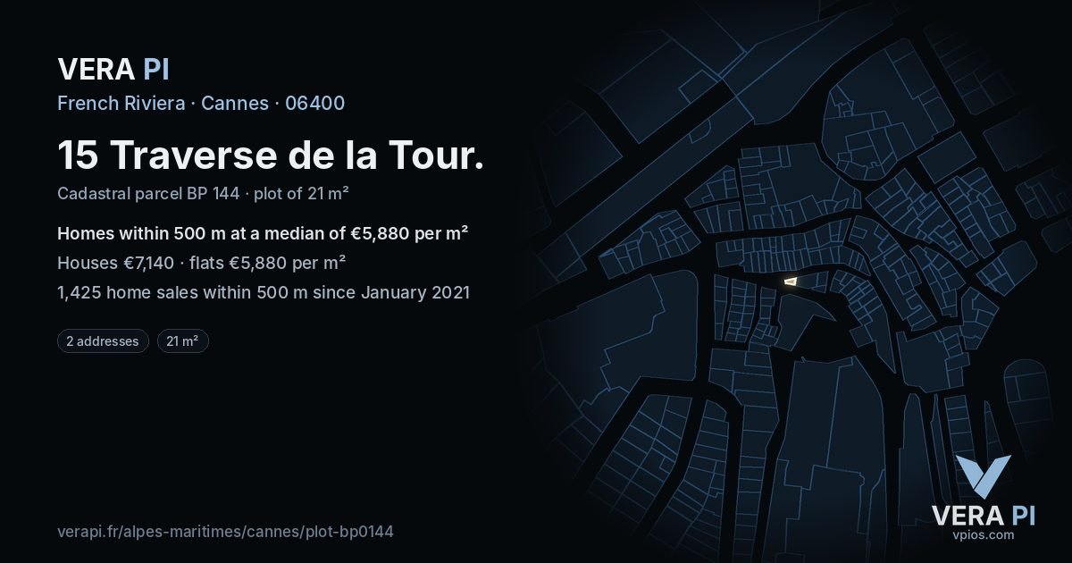 15 Traverse de la Tour, Cannes at night – the plot lit, the parcels around coloured by the prices near them