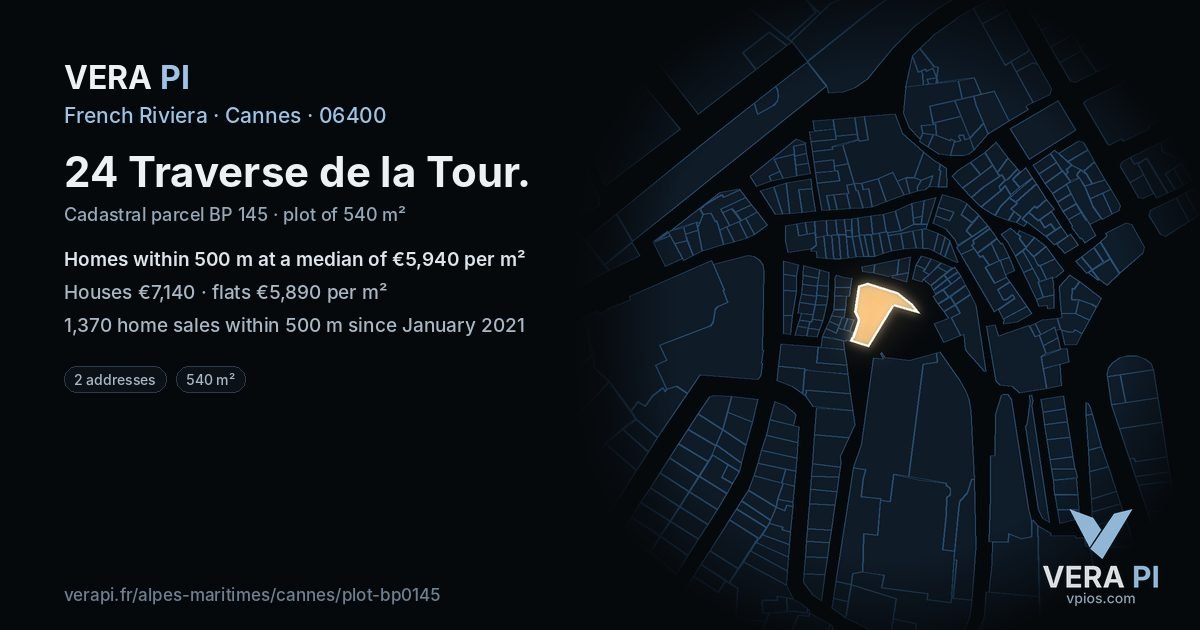 24 Traverse de la Tour, Cannes at night – the plot lit, the parcels around coloured by the prices near them