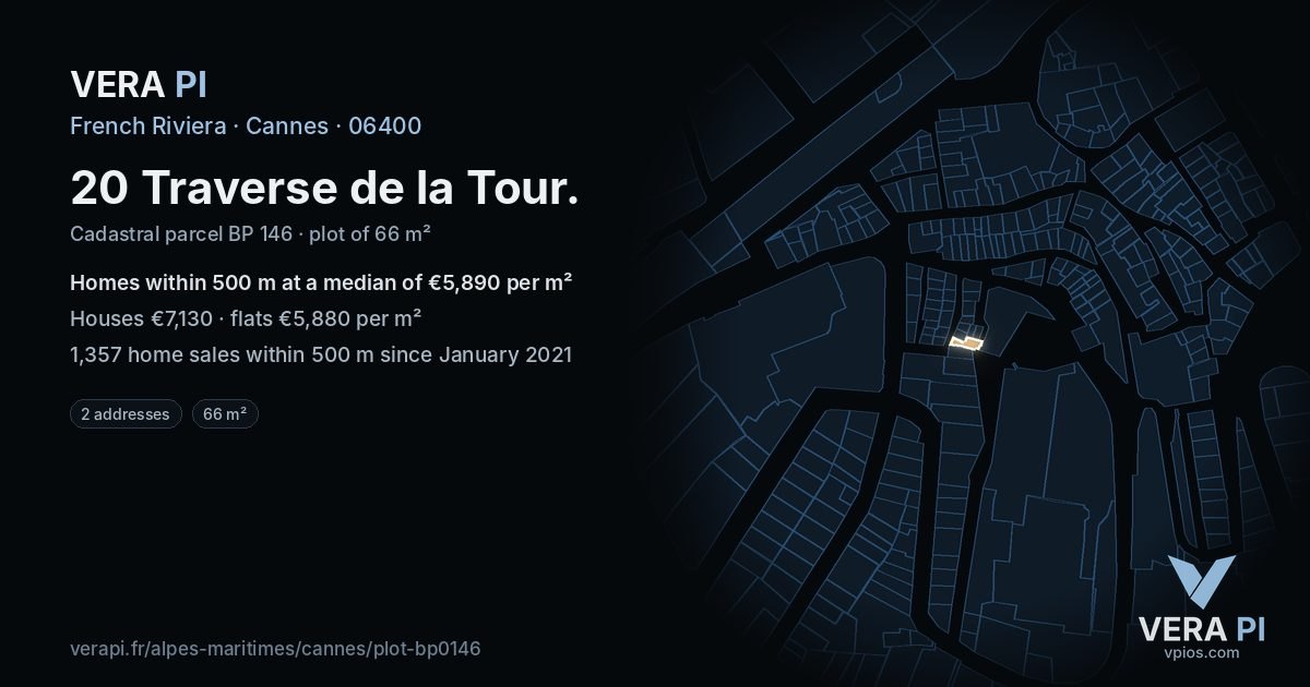 20 Traverse de la Tour, Cannes at night – the plot lit, the parcels around coloured by the prices near them