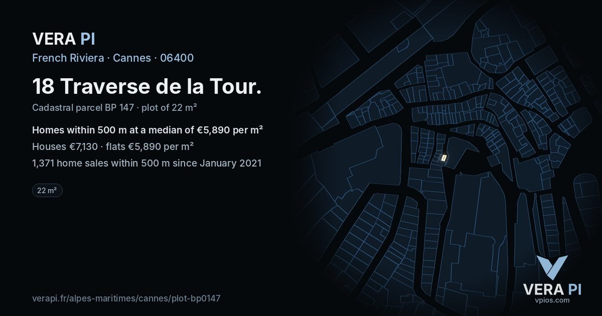 18 Traverse de la Tour, Cannes at night – the plot lit, the parcels around coloured by the prices near them