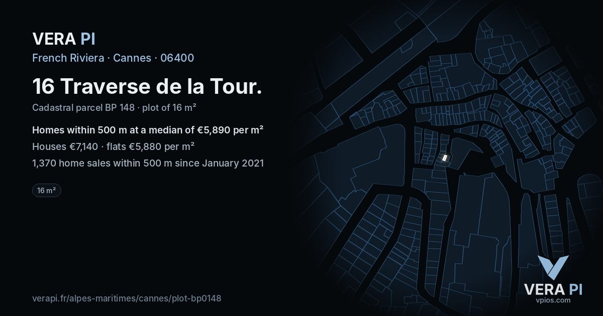 16 Traverse de la Tour, Cannes at night – the plot lit, the parcels around coloured by the prices near them