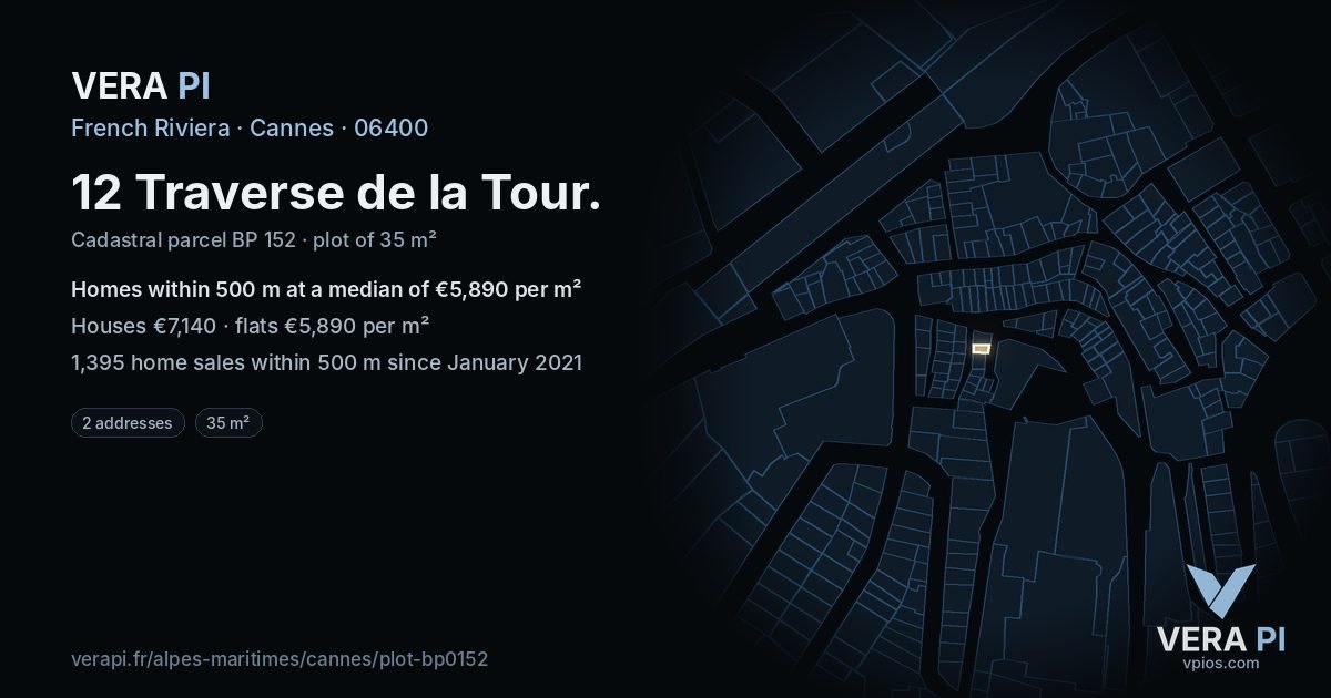 12 Traverse de la Tour, Cannes at night – the plot lit, the parcels around coloured by the prices near them