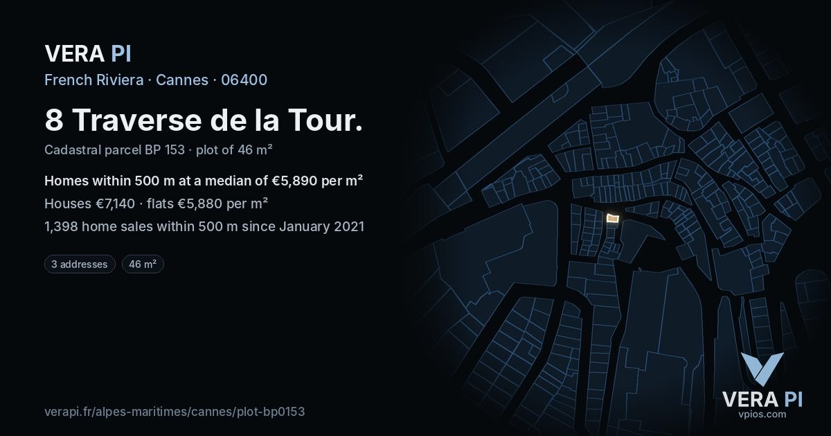 8 Traverse de la Tour, Cannes at night – the plot lit, the parcels around coloured by the prices near them