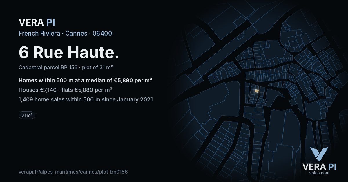 6 Rue Haute, Cannes at night – the plot lit, the parcels around coloured by the prices near them