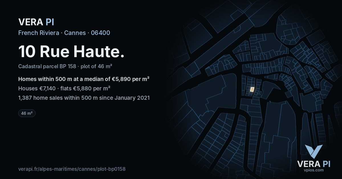 10 Rue Haute, Cannes at night – the plot lit, the parcels around coloured by the prices near them